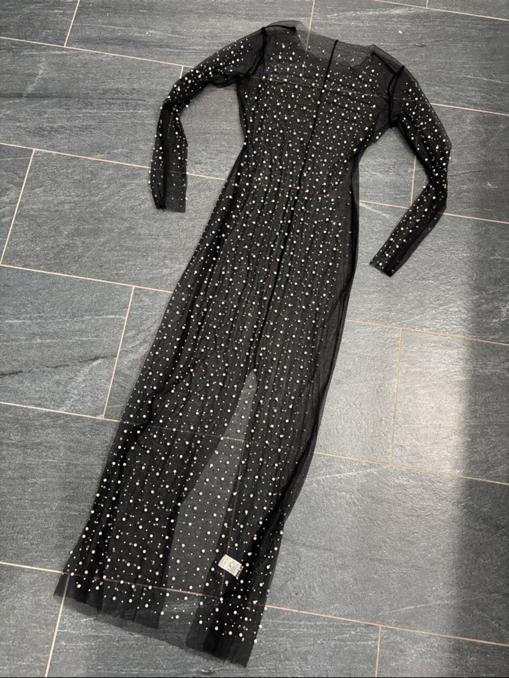 Black Pearl-Embellished Sheer Maxi Dress - Long Sleeve